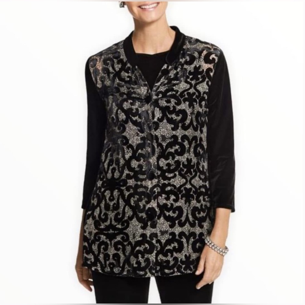 Chico’s Patchwork Velvet Jacket Black Swirling Burnout Print Size 2 Large